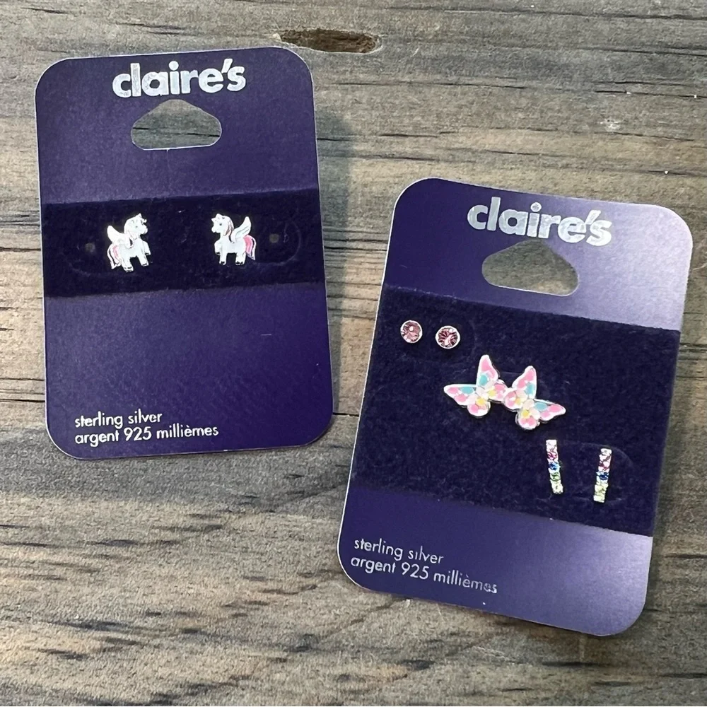 NEW Claire's Sterling Silver Unicorn Butterfly & Gemstone Stud Earring‎ Set Kids
